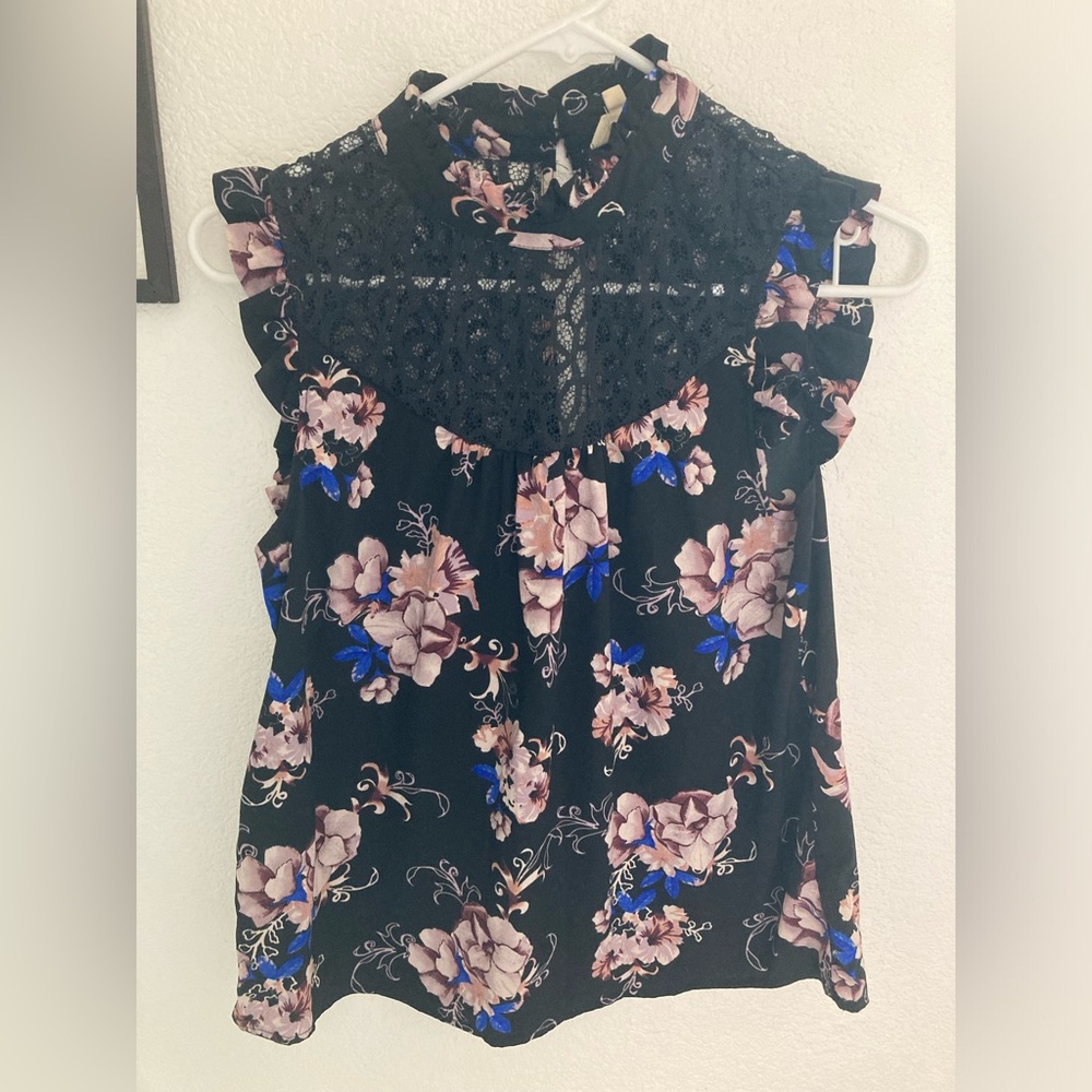 Black Floral Top with Lace